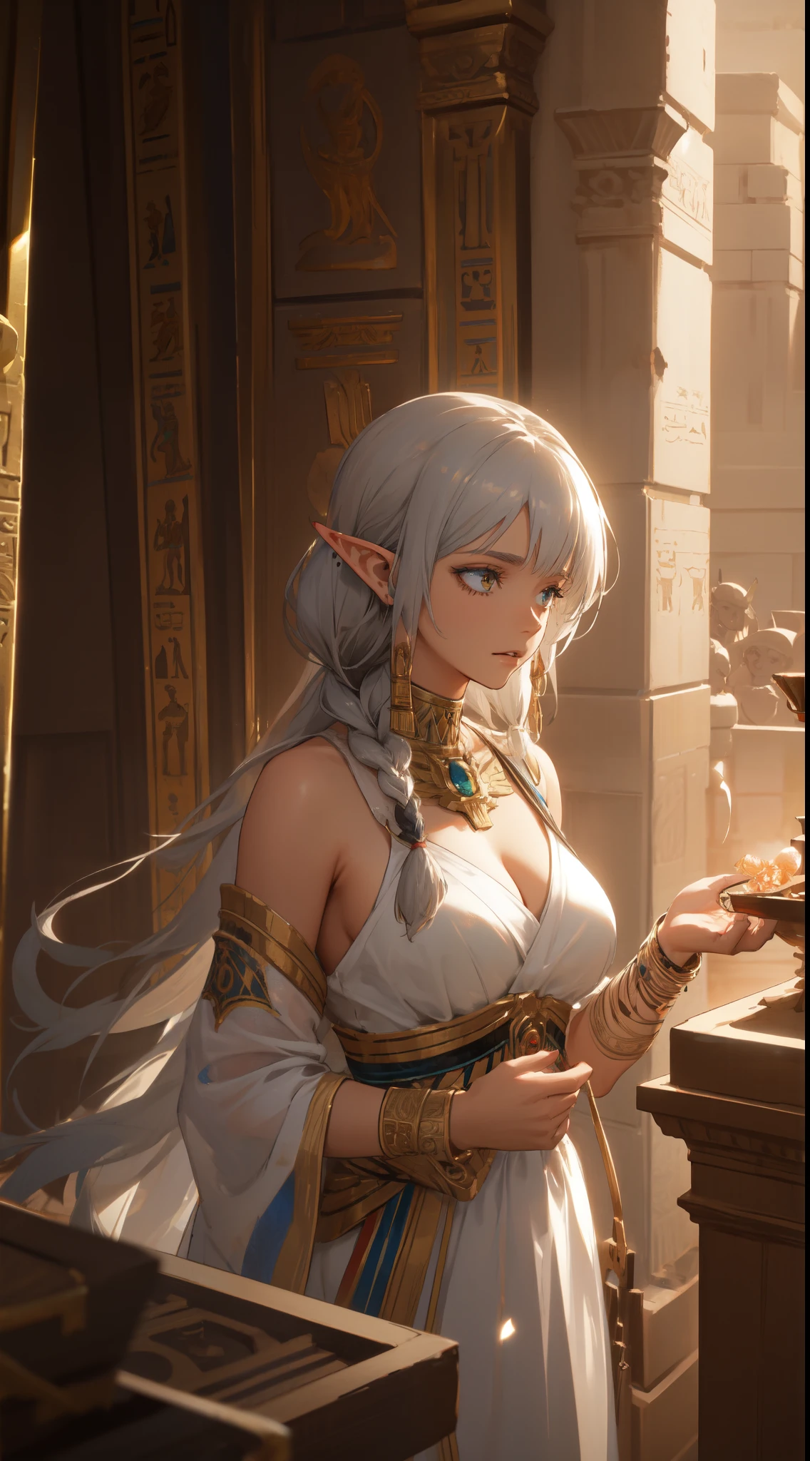 ((Best quality, 8k, Masterpiece :1.3)), young elf woman,  Bangs, sidelock, Braid, silver hair, bright eyes, egypt concept, Egyptian clothing, big breast, Ornate bracelet, with an egyptian embroidered, white dress, sweet expression,perfect face, detailed eyes, arches, middle east egyptian town, dynamic composition, craig mullins, (dynamic angle), (depth of field:1.2), intricate insanely detailed,sharp focus,aestheticism,art by Artgerm, by wadim kashin, by Kawacy, by Yusuke Murata