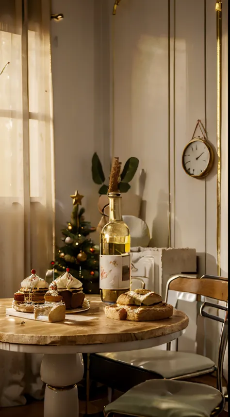 Close-up of the scene，scene capture，photore，tmasterpiece，((There  a bottle of white wine on the table))，cupcakes and bread, goblet, Christmas tree, Window lighting , Bright light, light green curtains, Christmas bunting，Christmas gifts, classical decorativ...