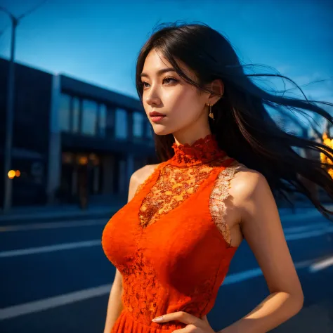 a woman posing on the street corner with light orange dress on, best quality, high res, 8k, 1girl, (huge breasts), day, bright, ...