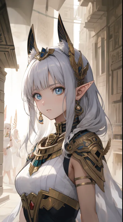 ((Best quality, 8k, Masterpiece :1.3)), young elf woman,  Bangs, sidelock, Braid, silver hair, bright eyes, egypt concept, Egypt...