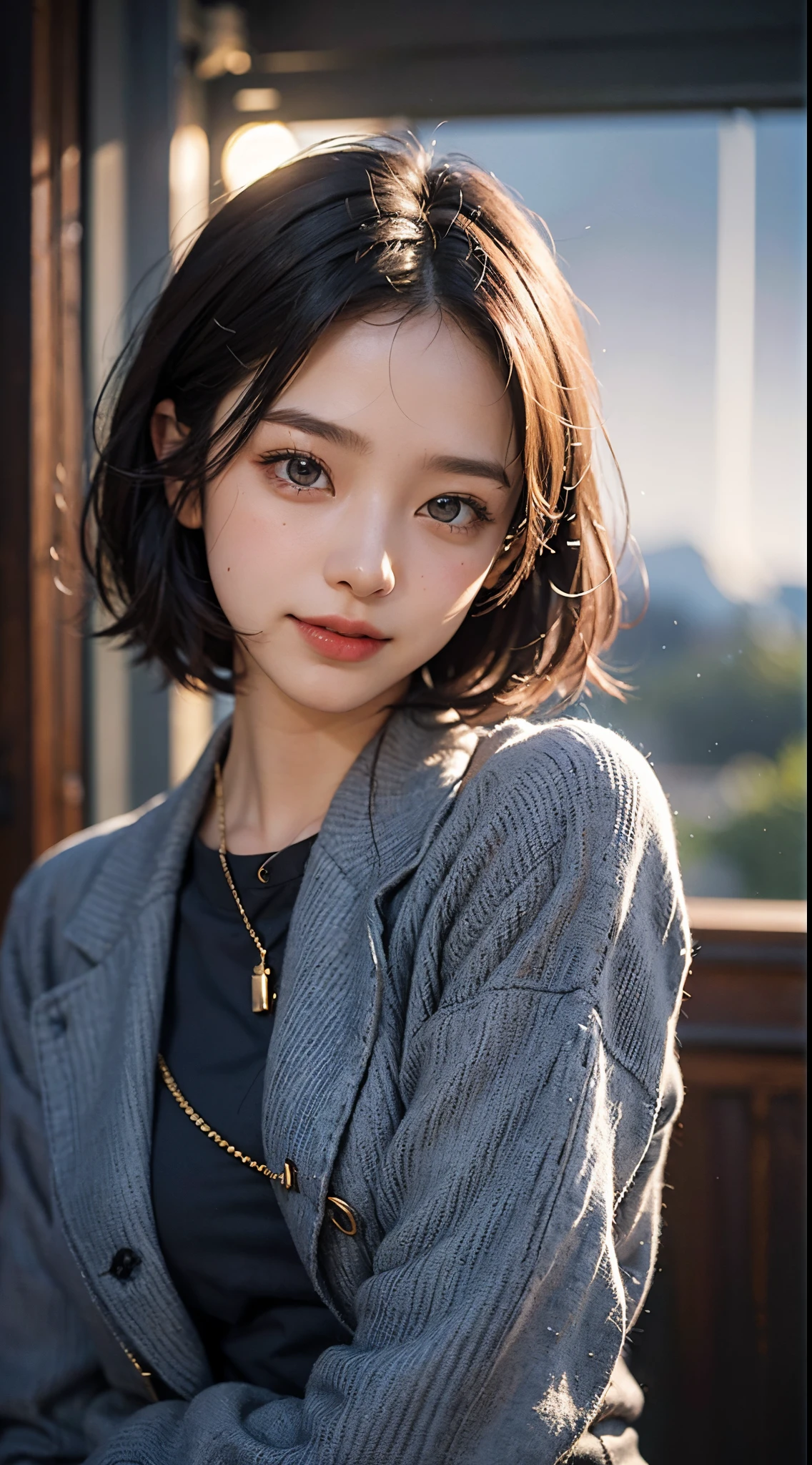 An ultra-high picture quality、Japalom、please get low:1.6)))、Wearing a suit、1 woman around 20 years old、Black hair、short-cut、Beautiful face with blue eyes、A detailed face、Detailed eyes、realisticeyes、Detailed skin、realskin、Detailed hair strands、dishevled hair、disheveled hair、((Hollow smile))、((Navy blue business pants suit))、((The background is a night sky like your name))、big mountain crater、