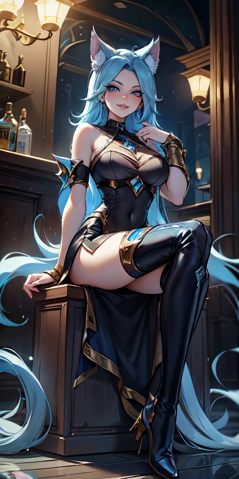 Masterpiece, 8k, art style by sciamano240, very detailed face, detailed clothes, detailed fabric, 1girl, ( Death sworn Katarina (league of legends 1.1)) beautiful face, asymmetrical long hair, light blue hair, exposed navel, black thigh boots, very detailed blue cat eyes, leather mini pencil skirt, cute smirk, looking at viewer, sitting on chair legs crossed, night, full body view , bar setting, seductive eyes,