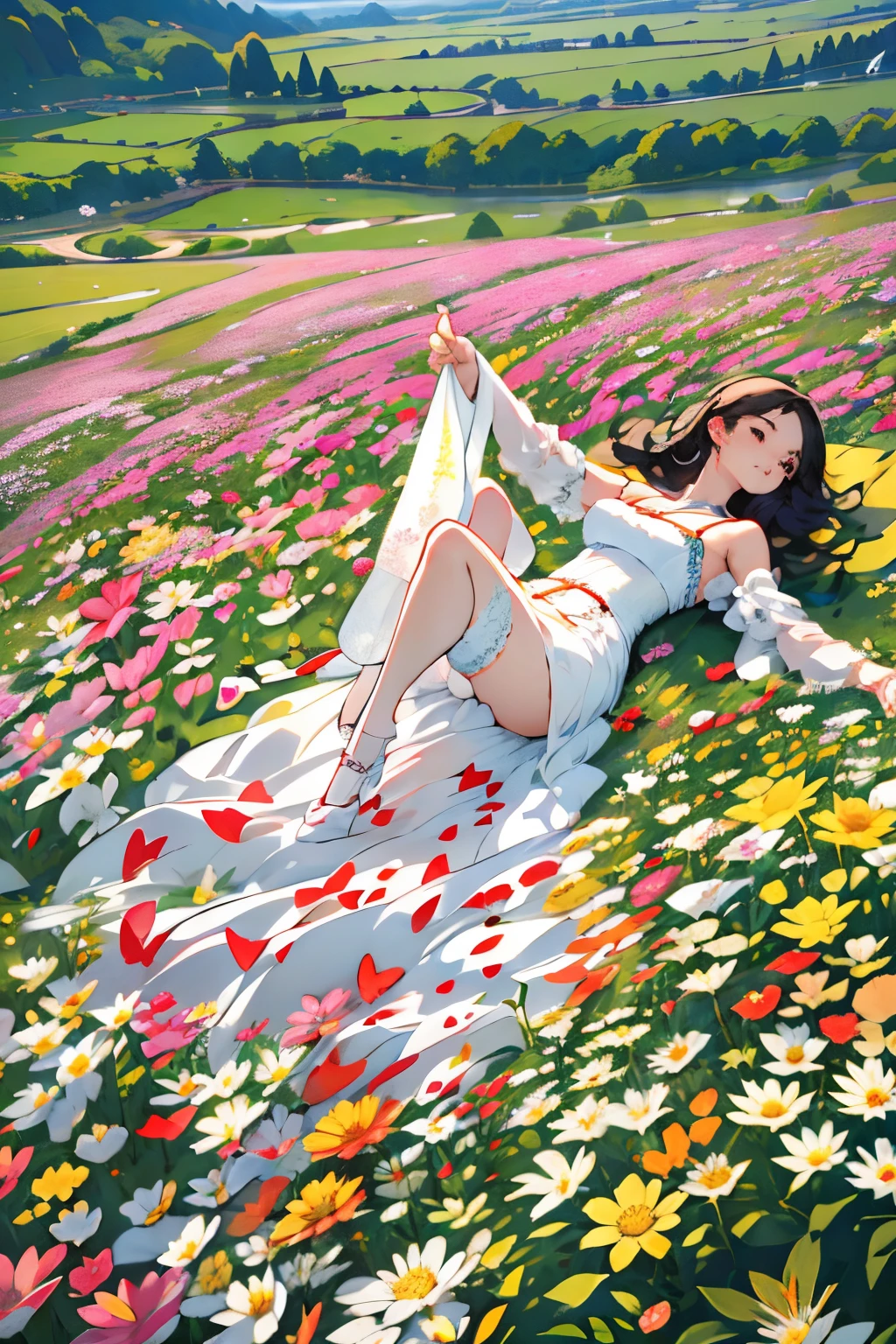 Silence、parfect anatomy、one girls、Very delicate and beautiful woman、Longhaire、Natural look、Keep your mouth shut、lying in a beautiful flower field、、colorful flower、florals々、Lying on your back、pure white luxury dress:1.3、artistic、top-quality、ultra-detailliert、masuter piece、８ｋ、Captured from above、Professional Photographer、50ｍｍlens