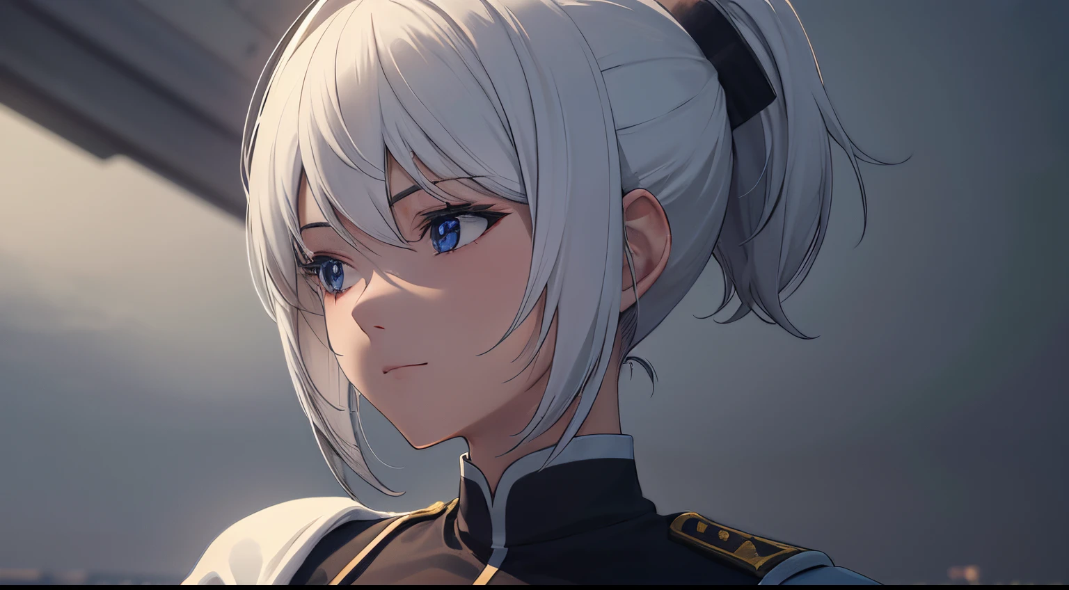 (extremely detailed CG unity 8k wallpaper), (masterpiece), (best quality), (ultra-detailed), (best illustration), (best shadow), (absurdres), 2, 1girl, short hair, short ponytail, normal size boobs, white hair, blindfold solo, Intimidating women, admiral uniform, night, hero pose, white clothes, General Uniform, Military Uniform, Sunlight, exposed to sunlight,commander, cape, fighting, ((beautiful fantasy girl)), (Master Part: 1.2), Best Quality, High Resolution, photorealestic, photogenic, Unity 8k壁纸, perfect lighting, (perfect arms, perfect anatomy) beatiful face, intricate details, Detalhes realistas, the anime, The Perfect Girl, perfect details, Ultra HD |, 8K, Professional photo, Car background