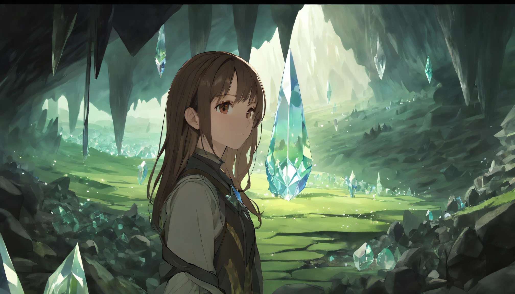 depth of fields, masutepiece, Best Quality, 1girl in, Solo, Brown hair, Looking at Viewer, (in the crystal cave:1.2)