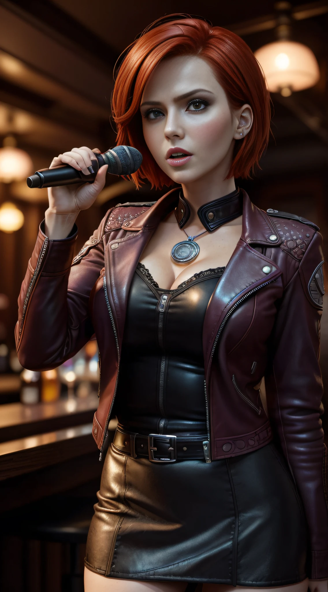 LelianaDA, masterpiece, highest quality, RAW, analog style, a stunning photo of a (beautiful woman), (short red hair), (wearing a purple leather jacket), (black mini skirt), (cleavage), (singing into microphone at stage), (in the bar), (highly detailed skin, skin details), (highly detailed face and eyes), sharp focus, 8k UHD, DSLR, high quality, film grain, Fujifilm XT3, frowning, intricately detailed, highly detailed, cluttered and detailed background