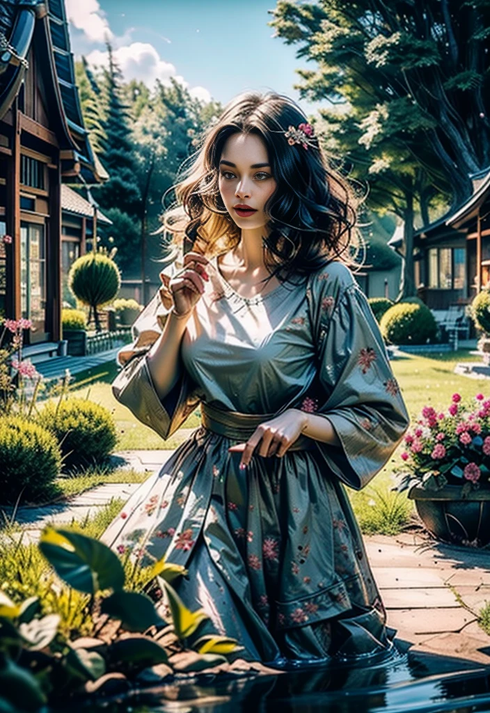 Hochwertige Finger, normal hands, Detaillierte Finger,Meisterwerk, (realistisch, fotorealistisch:1.37), (16 year old Korean girl), in durchscheinendem blauem Saree, durchscheinender blauer BH, a big flower on her hair, Gebirge, See, Trees, Wolken, mittlere Brust, schmale Taille, dunkles schwarzes Haar, Beautiful face, Perfekte Ausleuchtung, beautiful detailed hazel eyes,Blick auf den Betrachter, Breathtakingly beautiful woman, Detaillierte Frisur, Fantasy detaillierter Hintergrund, Detaillierter Fantasy-Hintergrund, (schwitzen:1), falling petals, offenes Haar, Wind, Firefly, Baden im See, Boot, Schwan,beautiful digital art, very beautiful digital art, Nahaufnahme Fantasie mit Wassermagie, Beautiful fantasy art, lindo pintura digital, beautiful digital illustration, lindo pintura digital