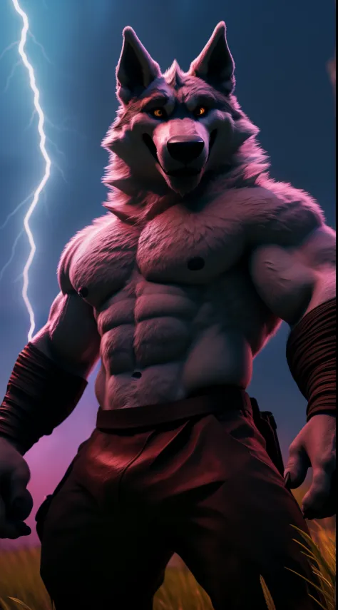 1boy, sfw, colorful, sharp edges, masterpiece, high quality, highcontrast, full body portrait, front view, perfect anatomy, on meadow, day, volumetric lightning, bara, anthropomorfic, 6-pack abs, abs, nipples, smug, smirking, hyper realistic, unreal engine...