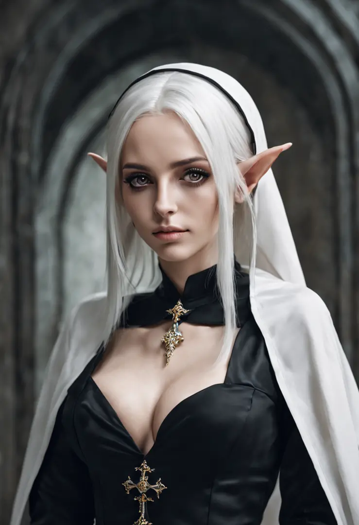 An Elf female with white hair, wearing a black nun's habit, large breasts, full body pose,