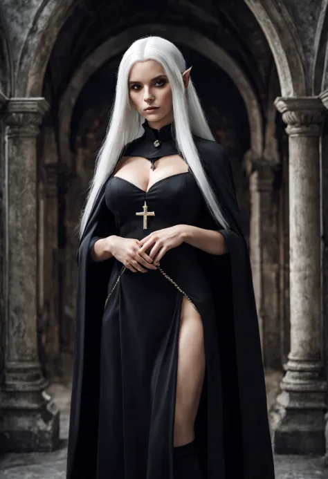 An Elf female with white hair, wearing a black nun's habit, large breasts, full body pose,