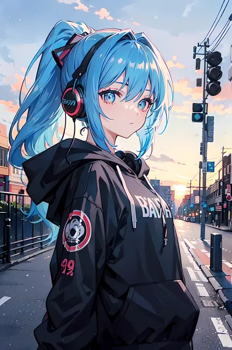 1girl ((blue hair)), (masterpiece, best quality, highly detailed), (ponytail, black hoodie, headphones), in the streets, masterpiece, beautiful, 1 9 year old, close up view, Streets, neon Lights, 1 9 year old, Looking at the sunset, beautiful