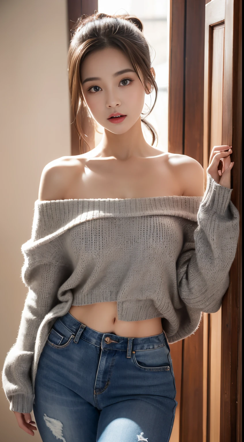 8K,masuter piece,Photorealsitic,1girl in，Solo，Off-the-shoulder sweater、Jeans Short、(face up:1.2)、(Mouth opens wide both vertically and horizontally:1.9、You can see the inside of the mouth)，Looking at the camera、Light reflected in the eyes