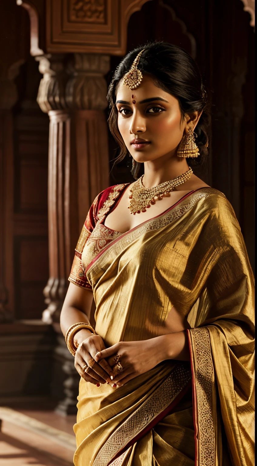 A captivating half-photo portrait capturing the essence of a beautiful Indian lady in an ornate silk sari, bathed in warm golden light. The scene is set against a richly detailed backdrop of traditional Indian architecture, evoking a sense of cultural opulence and timeless elegance. Style inspiration draws from the classic beauty of Raja Ravi Varma's portraiture combined with contemporary elegance, as seen in the works of Sabyasachi Mukherjee. Technical specifications include a cinematic view with warm lighting, emphasizing intricate details of the sari