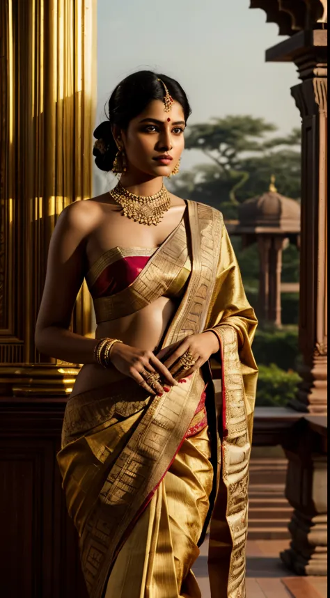 a captivating half-photo portrait capturing the essence of a beautiful indian lady in an ornate silk sari, bathed in warm golden...