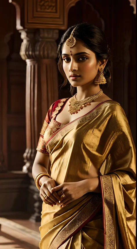 a captivating half-photo portrait capturing the essence of a beautiful indian lady in an ornate silk sari, bathed in warm golden...