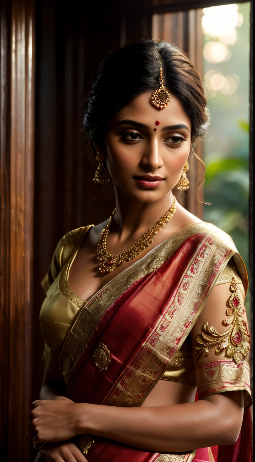 (best quality,4k,UHD:1.2),ultra-detailed,realistic:1.37,a beautiful lady wearing ornate silk sari,soft texture,cinematic,photorealistic,sun light,portrait,vibrant colors,warm tones,sharp focus,delicate details,ethereal glow,graceful pose,subtle shadows,dreamlike atmosphere,sublime beauty