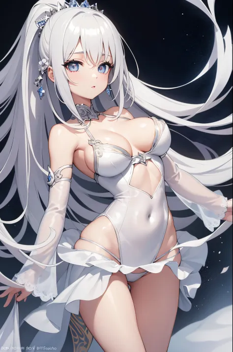 1girl, anime, cute girl, blank background, white background, fantasy, detailed dark fantasy dress with highlights, beautiful face, beautiful eyes, dark colors, silver hair, medium breasts, slight cleavage, beautiful skin, cute, breast curtains, extremely d...