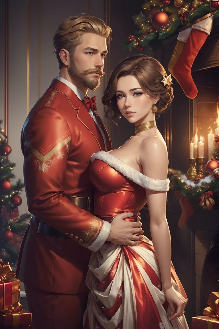 ((A couple in love)), ((woman with brown hair wearing a christmas gown)), standing with ((a masculine man with short blonde hair and a full blonde beard with mustache, in a red and white suit)), blue eyes, hair with many details, 8k artgerm bokeh, fanart best artstation, render photorealistic, guweiz-style art, inspired by WLOP, ig model | artgerm, detailed waist up portrait, stunning wait up portrait of realistic face, beautiful waist up portrait, deviantart artstation cgscosiety, cinematic realistic portrait, high quality portrait, elegant digital painting, photorealistic artstyle, ((Christmas living room background))