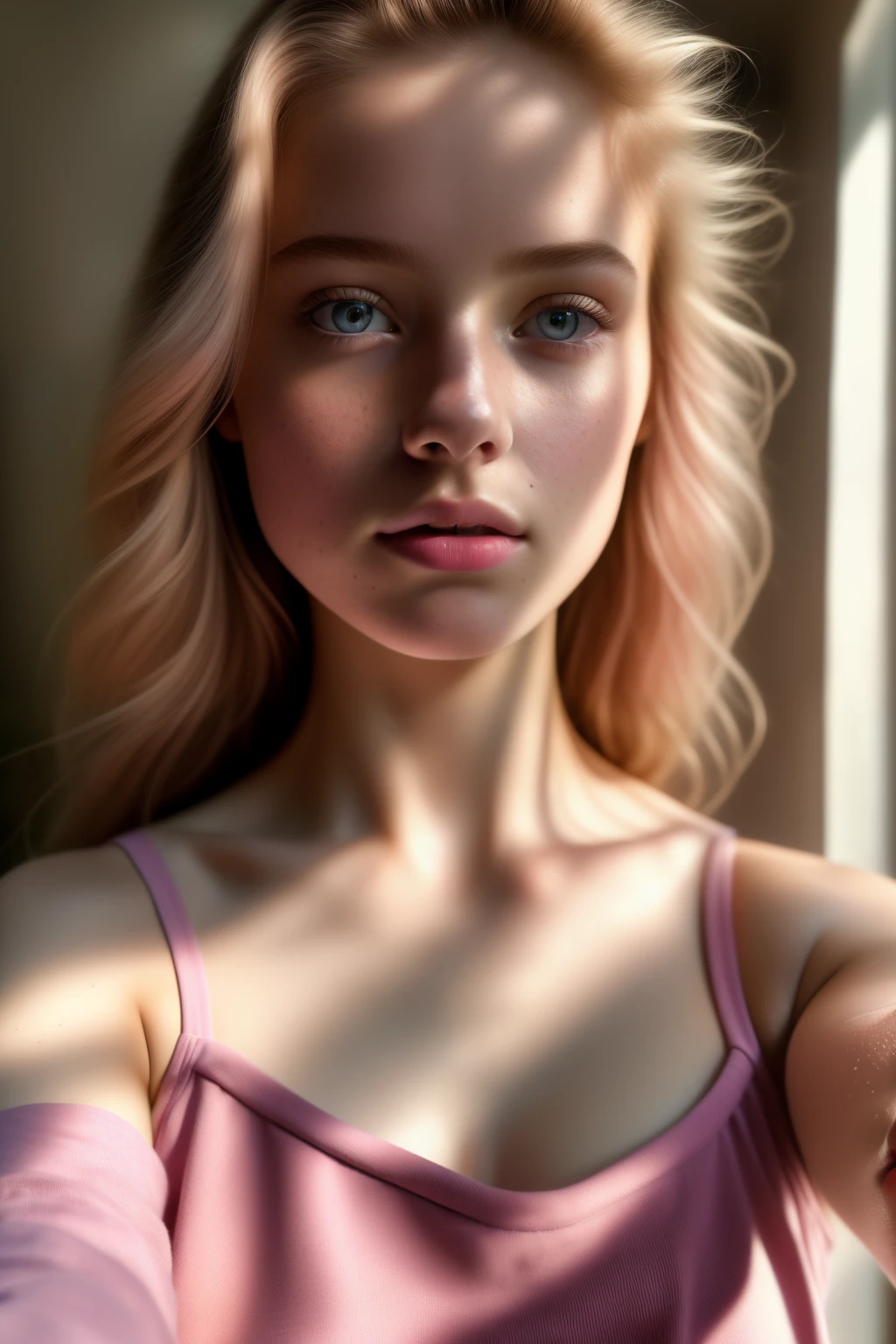 8K, Best Quality, Masterpiece, Ultra High Resolution, (Realism: 1.4), Original Photo, (Realistic Skin Texture: 1.3), (Film Grain: 1.3), (Selfie Angle), 1 Girl, Pink Clothes, Sapphire Color Eyes and Beautiful Face Details, Masterpiece, Best Quality, Close-up, Upper Body Highest Quality Picture Quality Pull-up