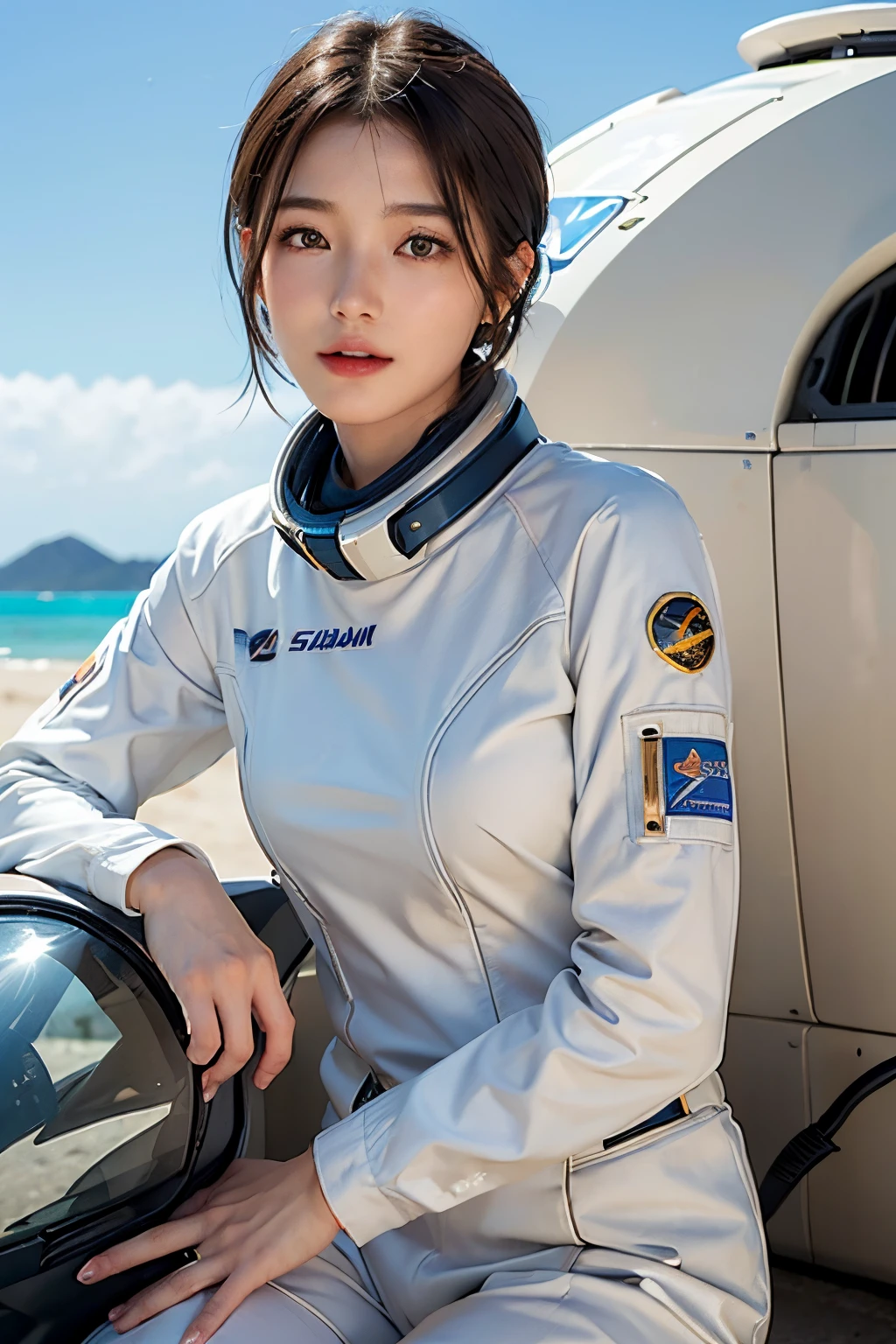 top-quality、​masterpiece、超A high resolution、(realisitic:1.4)、Beautuful Women１、Beautiful detail eyes and skin、ssmile、Light brown short-cut hair、The perfect spacesuit、spaceships、cosmic space、Sand Planet、summer sunlight、