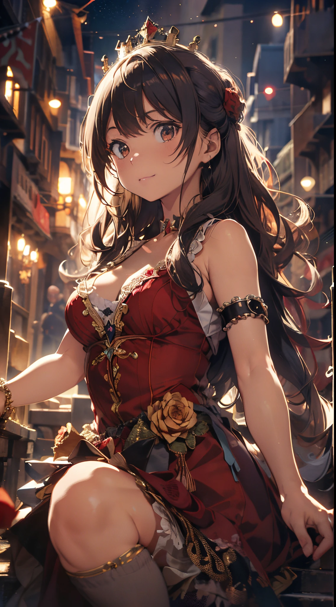 (The highest image quality, master piece:1.2), (Ultra Definition Illustration), (very beautiful matured queen:1.3), (sleeveless gorgeous queen red dress with roses:1.3), armpits, mean face, evil smile,