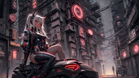 there  a woman in next to a motorcycle, a Nekomata catgirl, solo, white ((twintail hair)), red iris (eyes), slender body, slende...