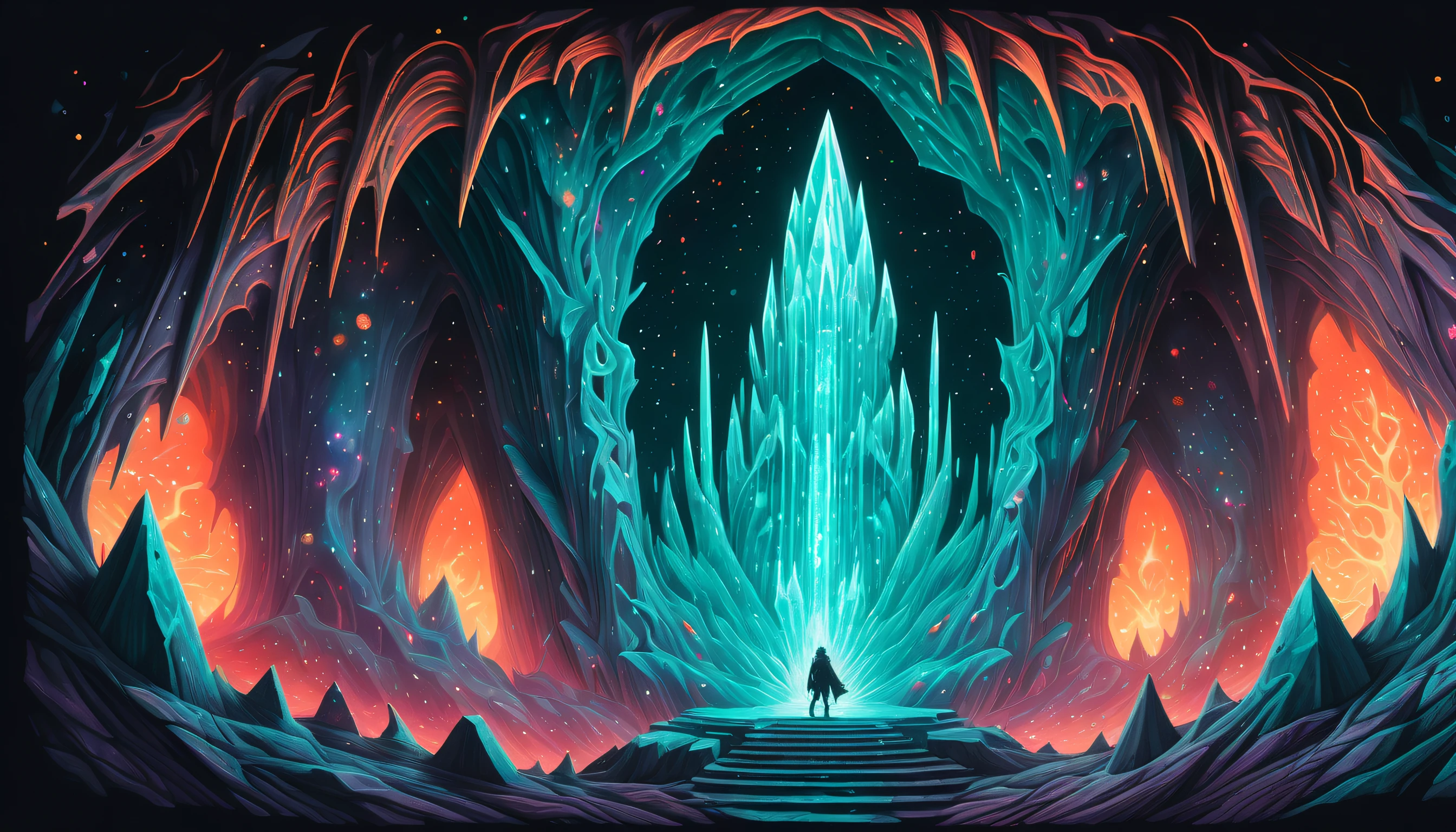 A man standing in front of a frozen cave with a glowing waterfall ...