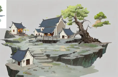 There are a lot of houses on the cliff，There  a tree, Asia Village, scenery game concept art, old asian village, 2d game environment design, Environmental design illustration, Depicted as game concept art, inspired by senior environment artist, Anime lands...
