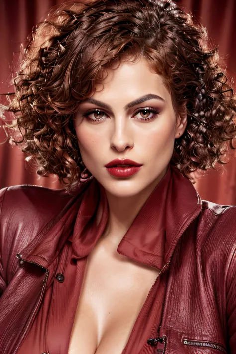 Eine frau (Eva Mendes) mit roten Haaren und einer schwarzen Jacke, mit lockigem rotem Haar, lockiges rotes Haar, luscious red li...