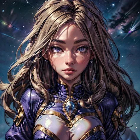 (masterpiece,High quality,Top quality,super detail, best quality ,)1women,prophet,stars blue-purple outfit,brown hair,full body,...