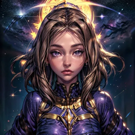 (masterpiece,High quality,Top quality,super detail, best quality ,)1women,prophet,stars blue-purple outfit,brown hair,full body,...