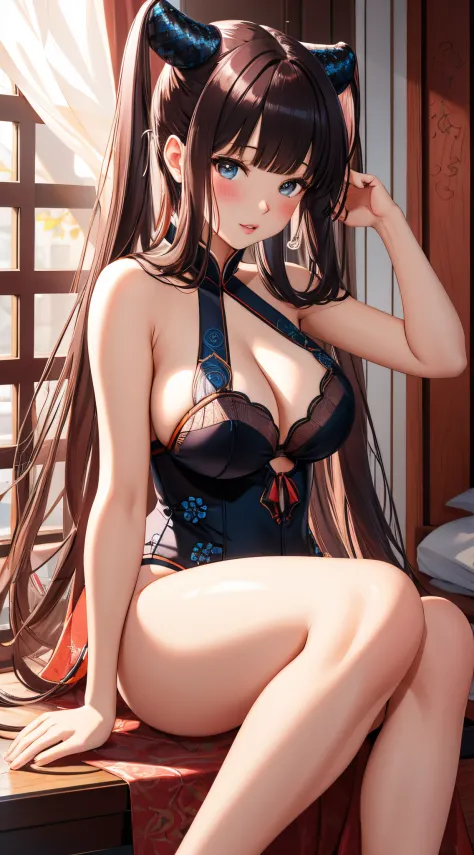 (best quality), 1 girl, ultra-detailed, illustration, yang guifei, bed, sitting, (lingerie), blush, lips parted