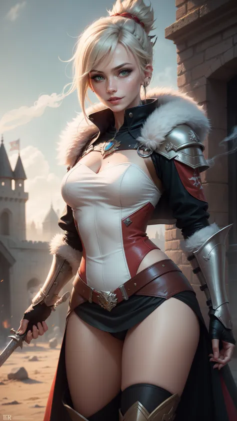 gwen tennyson,mordred,tracer,rebecca chambers,overwatch,warcraft,close up,castle under siege,tattoos,orange and white plugsuit,steel short sleeve viking top,leather short sleeve valkyrie armor,steel tight skirt,white viking corset,short hair,battle makeup,...