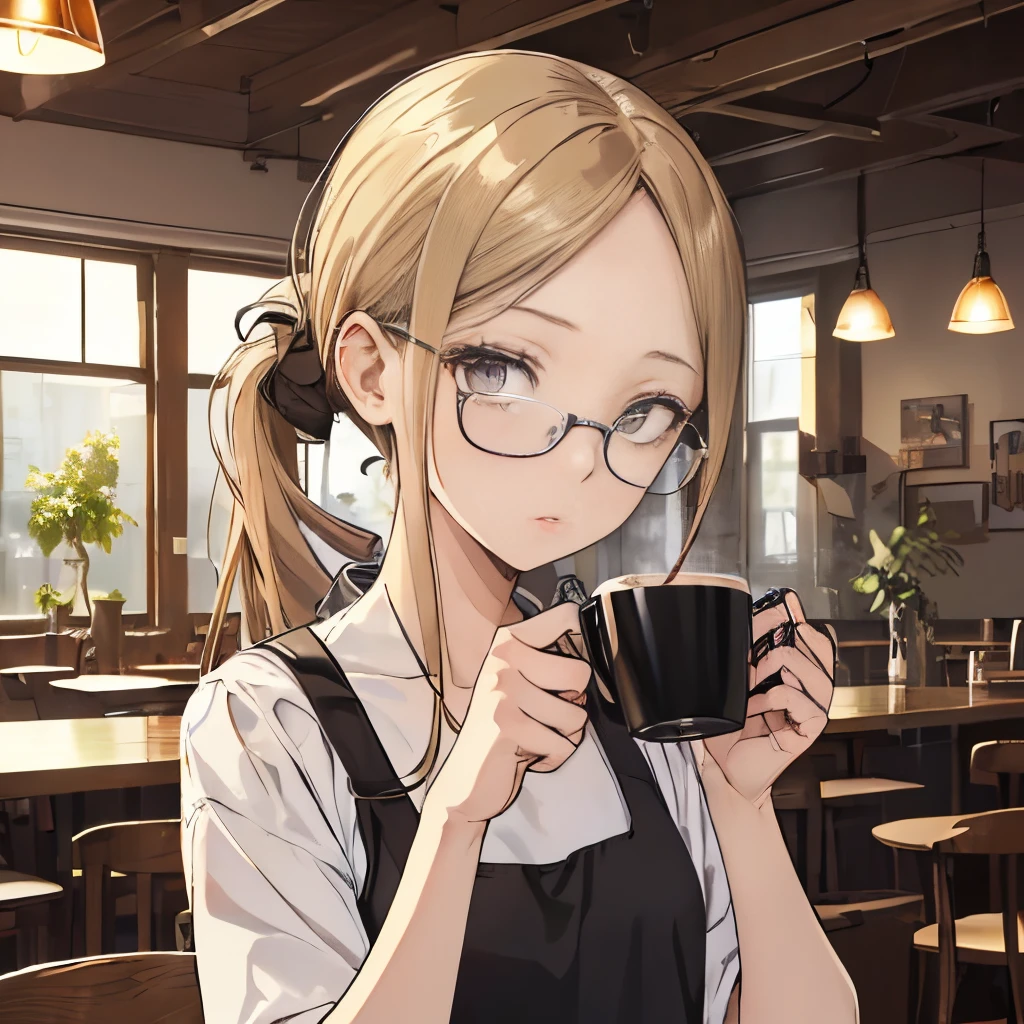 ⓪Action： Drinking coffee, (coffee mug:1.4), Holding a mug in your hand, ①Quality：(Ultra-detailed:1.3), masutepiece, 8K, extremely details CG, (1 girl), Perfect hands:1.2), (Perfect Anatomy:1.2), (Beautiful face: 1.1), Details of complex iris, attractive eye reflection, Glowing highlights of the eyes, Depth and three-dimensionality of the pupil, Subtle color changes in the iris, Specific eyelash details,　Depth and three-dimensionality of the pupil, ②Lighting：Brightening light, Moody lighting, Nature lighting, Best Illumination, ③ part: (flat chest: 1.4), Floating hair, Detailed face, Detailed eyes, Shiny hair, ④Style: Animation, Illustration, ⑤Subject： (low ponytail hair:1.3), (Blonde hair, Straight hair, Long hair,Hair in the middle, Black eyes, Sanpaku eyes ), ⑥Environment： cafes,kitchin,a bar counter , ⑦Construction：Upper body, (closeup view: 1.3), Looking at Viewer, Very Wide Shot, From below, ⑧Costume : (Cafe Apron: 1.3), (Glasses:1.5), ⑨Others：(Slender body、small head、Seven-headed body), Wear an apron over a T-shirt,