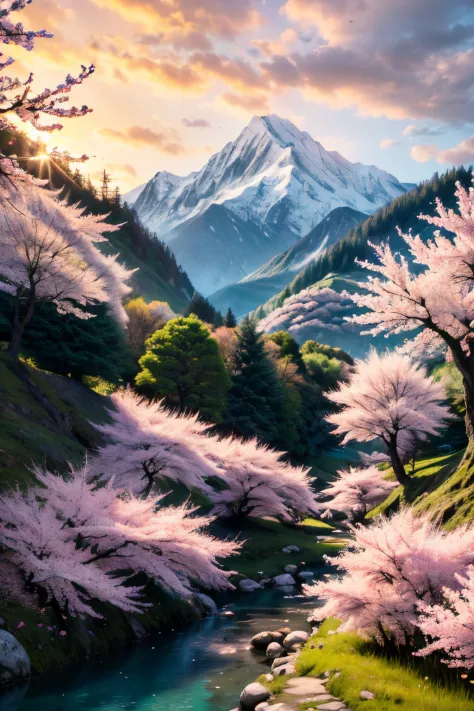 Deep forest, mountain in the distance, Flying birds. two-dimensional style, Bright and vibrant, Cherry blossoms covering the mountainside, You can see the sunrise in the distance, The creek meanders, There are several daffodils in the bank, sunrises