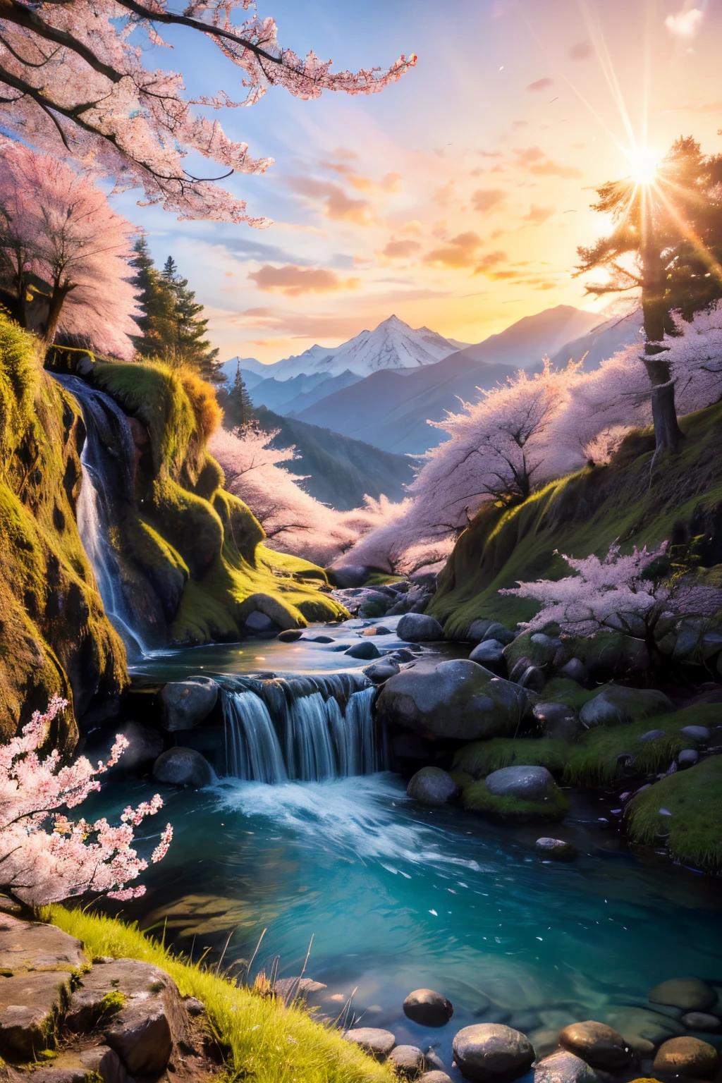 Deep forest, mountain in the distance, Flying birds. two-dimensional style, Bright and vibrant, Cherry blossoms covering the mountainside, You can see the sunrise in the distance, The creek meanders, There are several daffodils in the bank, sunrises