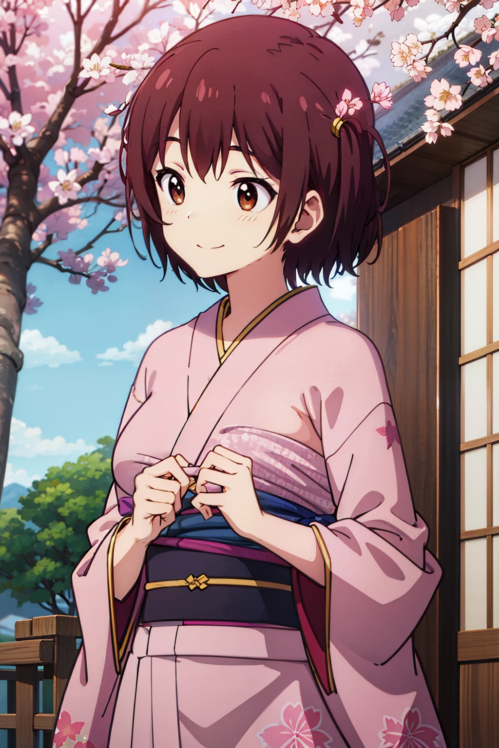 (best quality), absurdres, highres, extremely detailed CG, ayaka_tachibana_imocho, short hair, brown hair, brown eyes, (one side up), large breasts, Cherry Blossom pattern japanese clothes, kimono, hanten_\(clothes\), smile
