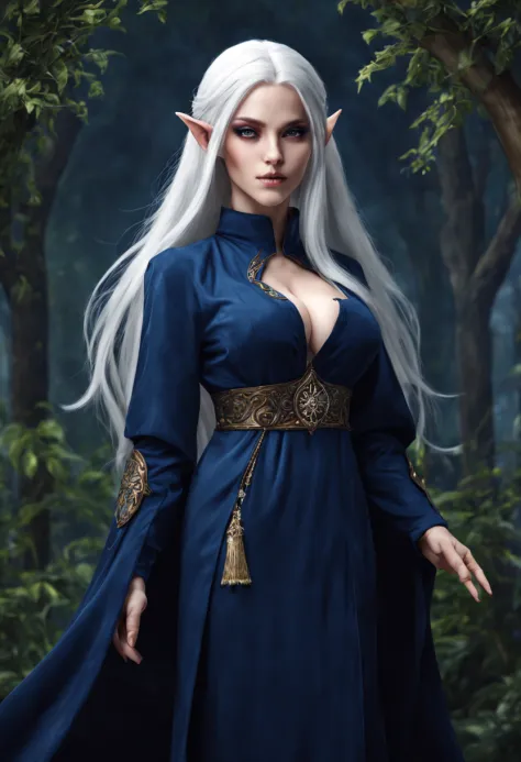 An Elf female with white hair, wearing a dark blue religious habit, large breasts, full body pose,