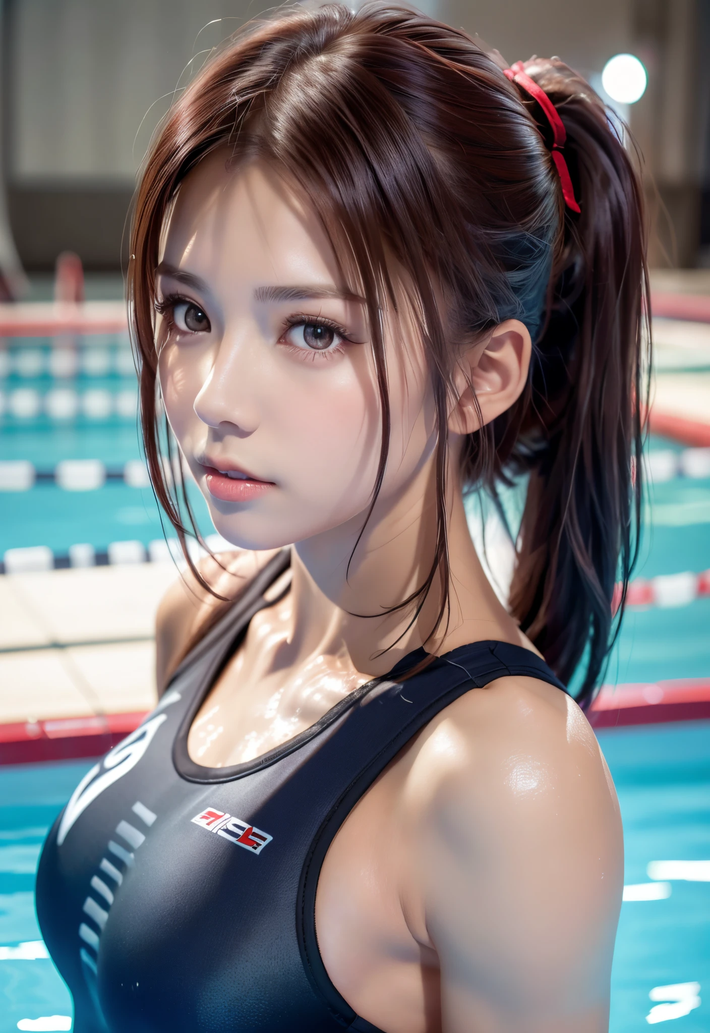 8K, of the highest quality, masutepiece:1.2), (Realistic, Photorealsitic:1.3), of the highest quality, masutepiece, Beautiful young woman, Pensive expression, Thoughtful look, Competitive swimmers、Competitive swimwear、Hair tied back, Cinematic background, Light skin tone
