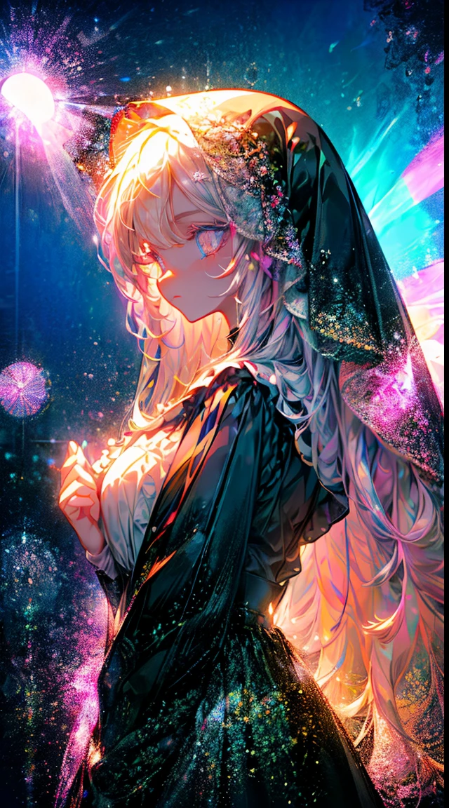 gradient eyes, finely detailed beautiful eyes, symmetrical eyes, big highlight on eyes, (heterochromia 1, Bright pink eyes with blue eyes 1),(Flower Bride),(Wings that pulsate with neon lights 1),A light dress that delicately radiates a faint glow,diffuse reflection,maximalism, scattered glitch pixels,(Flower garden background, Garden of flowers 1 1),(masterpiece 1), illustration, best quality, best aethetic, beautiful art, ultra-detailed, 8k, HDR, sharp focus, intricate,,OuterWorldAI,mirrornun