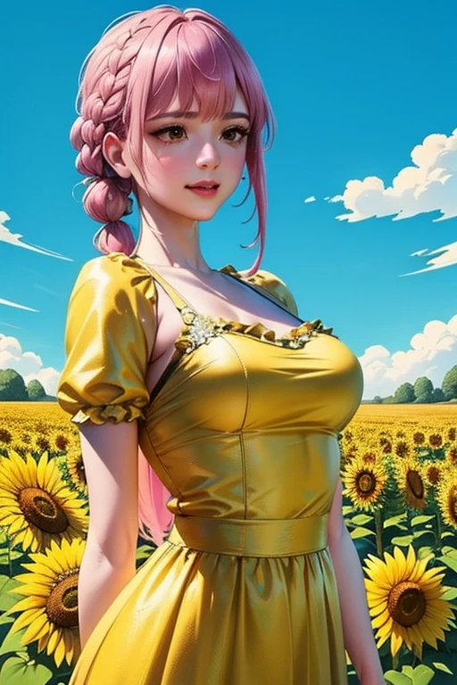 masterpiece, ((ultra detailed background, delicate pattern, intricate detail)), (highly detailed, fine detailest quality, beautiful lighting, (portrait),  Rebecca, 1girl, solo, braid, pink hair, long hair, ((slim girl, medium breasts, cowboy shot)), smile, yellow dress, fluffy dress, brown eyes, complex detailed background, sunflowers, field, outside, nature environment, blue sky, sky, tree, from behind,