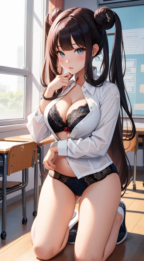 (best quality), 1 girl, ultra-detailed, illustration, yang guifei, classroom, (teacher), (kneeling), (open white shirt:1.2), lace bra, lace panties, lips parted, glossy lips