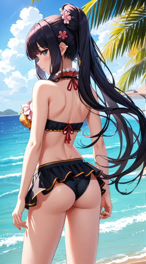 (best quality), 1 girl, ultra-detailed, illustration, yang guifei, beach, frilly bikini, bikini skirt, (view from behind)