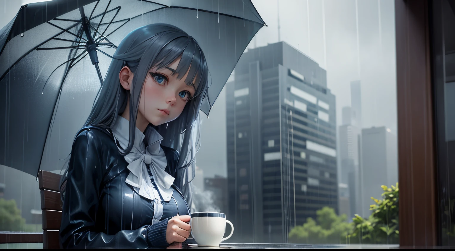 "Retiro de día lluvioso": Chica anime con una taza de café y un paraguas bajo la lluvia, con azules y grises fríos.