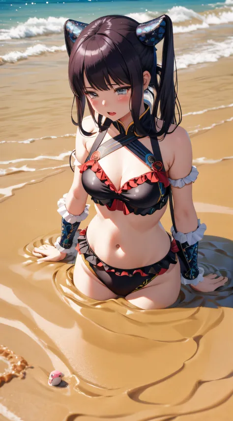 (best quality), 1 girl, ultra-detailed, illustration, yang guifei, beach, frilly bikini, (quicksand:1.4), upset, crying, (mostly submerged)