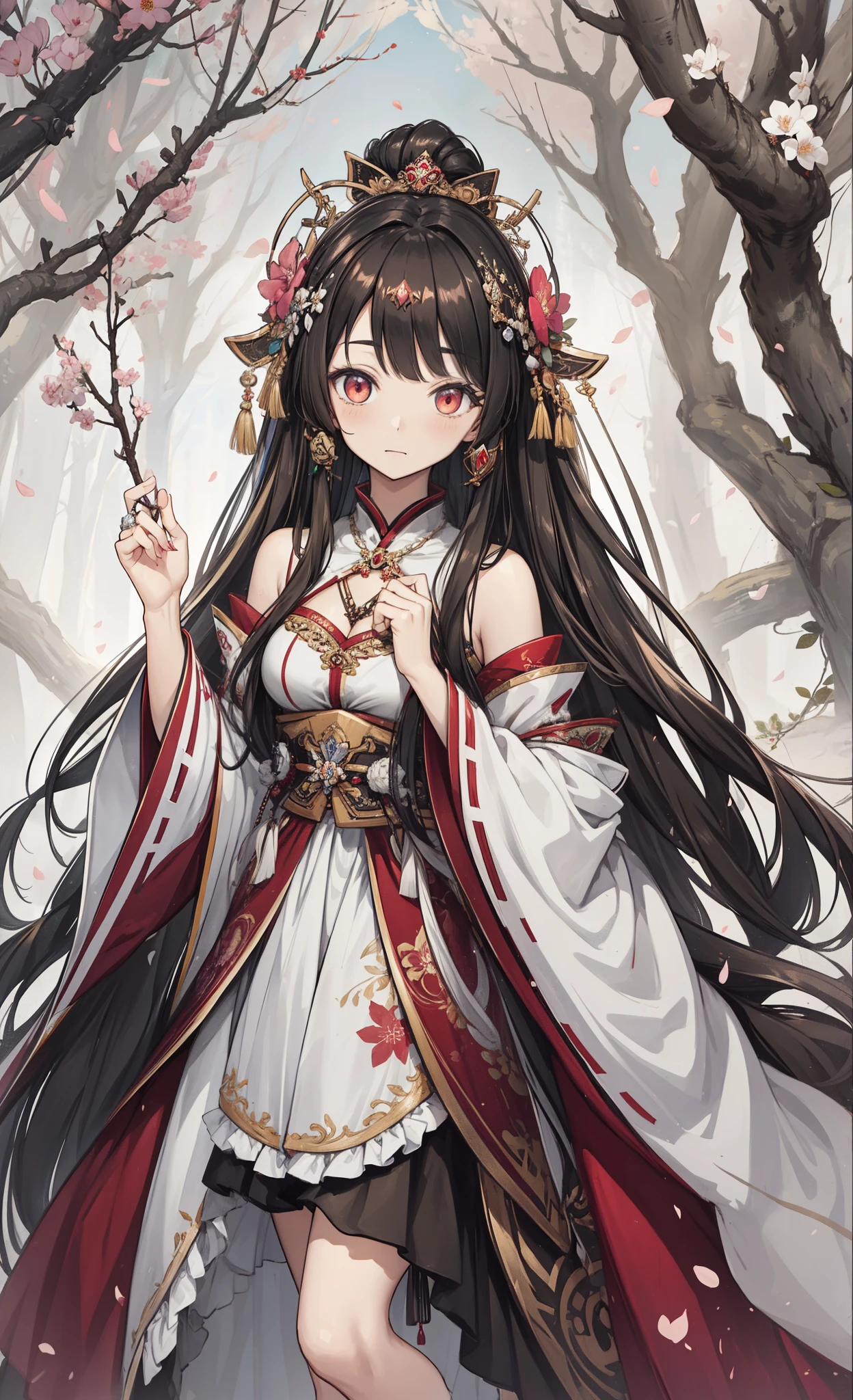 (tmasterpiece:1.2),Atdan, 1 plump girl, Alone, Branch, flowers blooming, jewely, a skirt, ear nipple ring, that tree, through bangs, Long gray hair, hair adornments, view the viewer, Chinese clothes, black hair color hair, hairflower, Brown hair, bshoulder, Very long hair, Wide sleeves, longer sleeves，Pale red eyes，Cute and delicate eyes