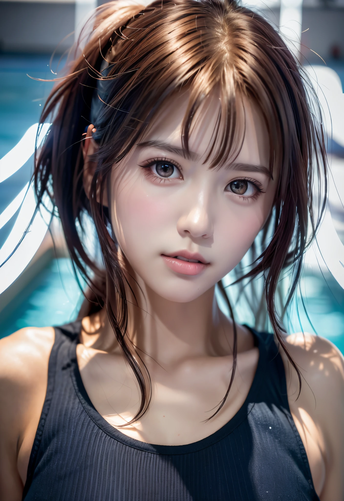 8K, of the highest quality, masutepiece:1.2), (Realistic, Photorealsitic:1.3), of the highest quality, masutepiece, Beautiful young woman, Pensive expression, Thoughtful look, Competitive swimmers、swim wears、Hair tied back, Cinematic background, Light skin tone、wetted skin