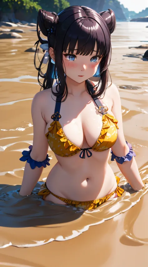 (best quality), 1 girl, ultra-detailed, illustration, yang guifei, beach, frilly bikini, (quicksand:1.4), upset, crying, (mostly submerged:1.2)
