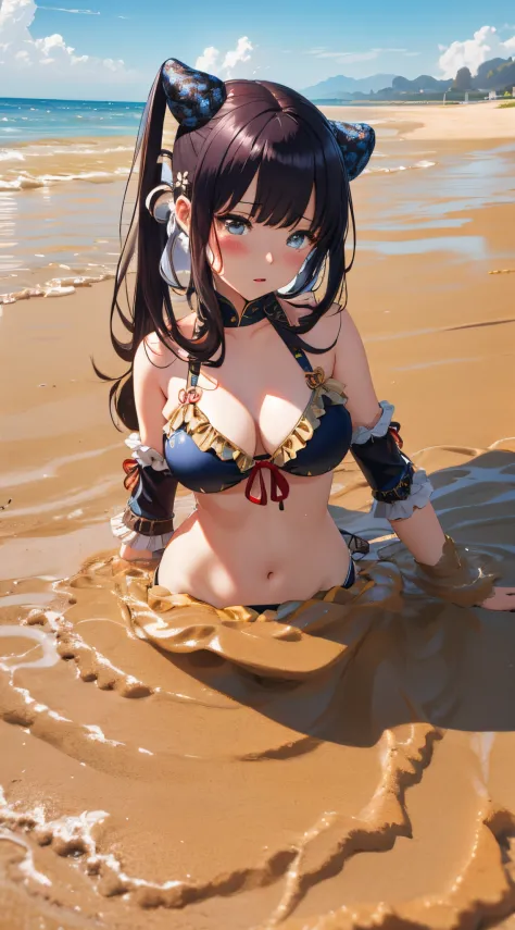 (best quality), 1 girl, ultra-detailed, illustration, yang guifei, beach, frilly bikini, (quicksand:1.4), upset, crying, (mostly submerged:1.2)