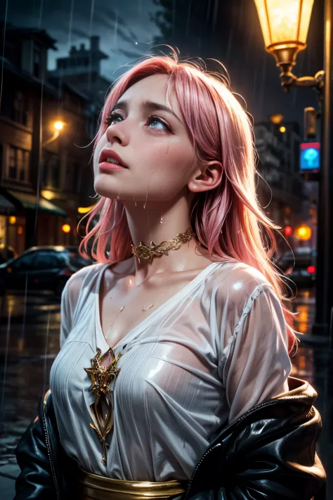 pale thin young Caucasian woman (crying while looking up into the rain), standing in the street, pink and gold hair, fairy and flowers, flowers blending into hair, (heavy rain getting her all wet), upper body, cover, choker, hyperdetailed painting, luminis...